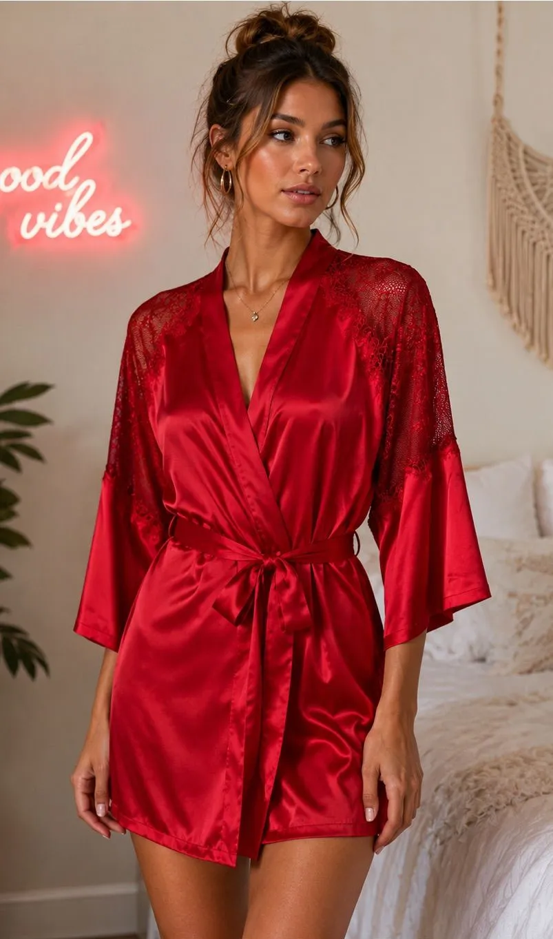 Victoria's Secret Red Satin Lace Chemise Slip Dress & Robe 2 Piece Lingerie Set