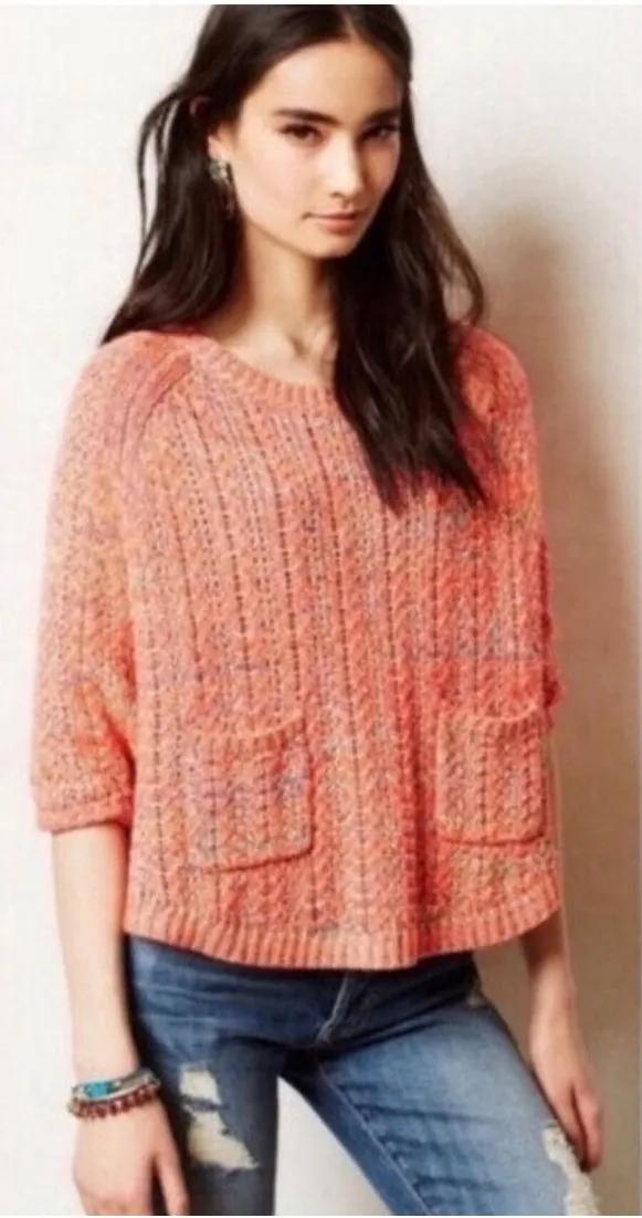 Moth Anthropologie Neon Orange Marled Knit Sweater Pockets XL Raglan Boho Boxy