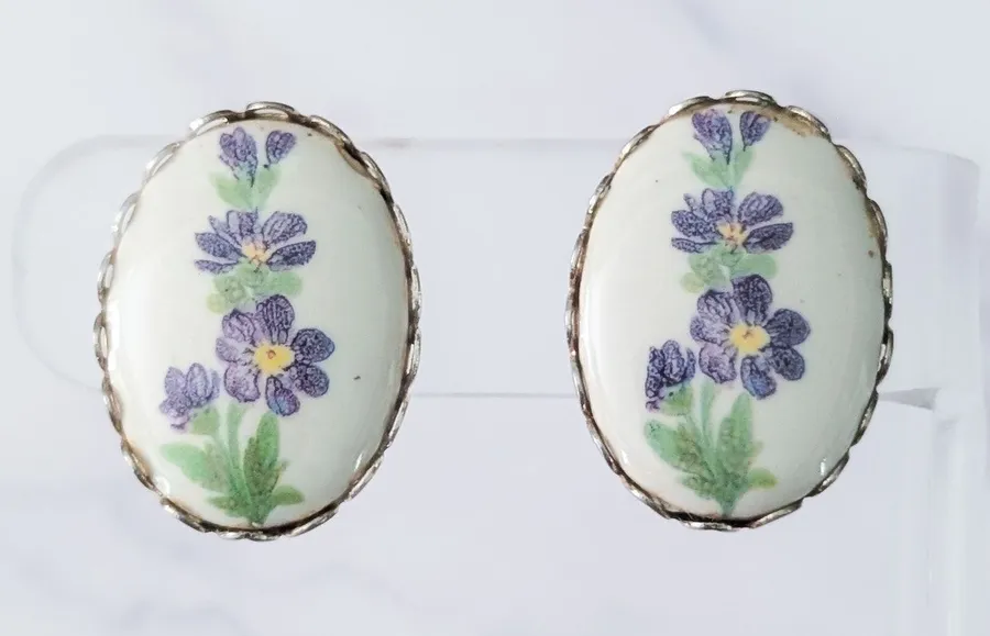 Vintage Screw On Earrings 1" Cream Oval with Purple Flowers