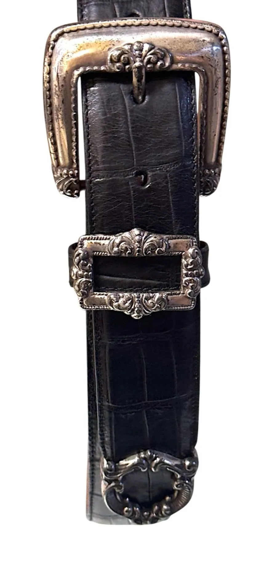 Brighton 1993 Black Croc Leather Western Silver Plated Hardware Belt #43003 Sz S