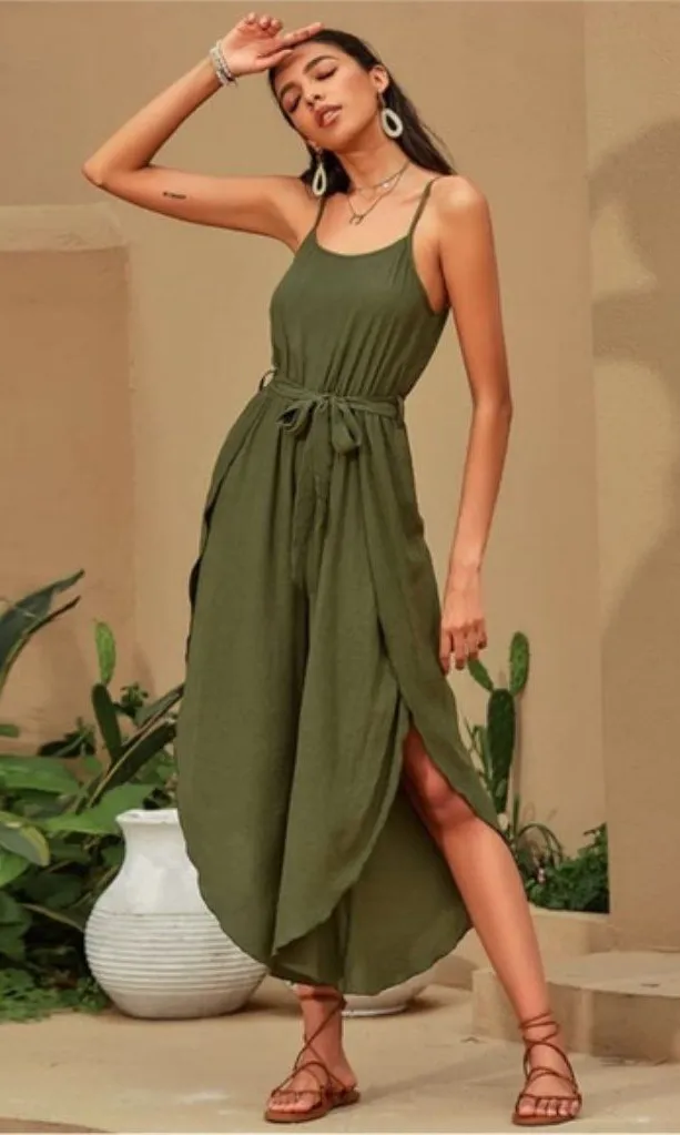 Olive Green High Slit Jumpsuit Spaghetti Strap Belted Wide Leg Boho Women M NWT Size M