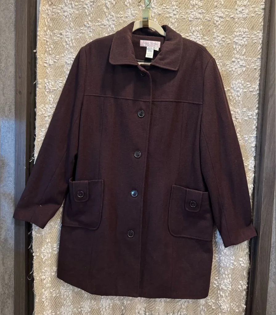 Beau Monde Women’s Brown Wool Blend Lined Pea Coat Jacket Classic Size 2XL