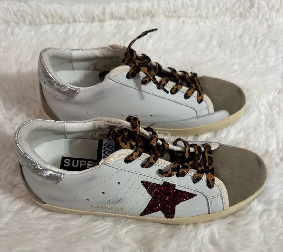 Golden Goose Super Star Burgundy Red Glitter Star Sneakers Size 10
