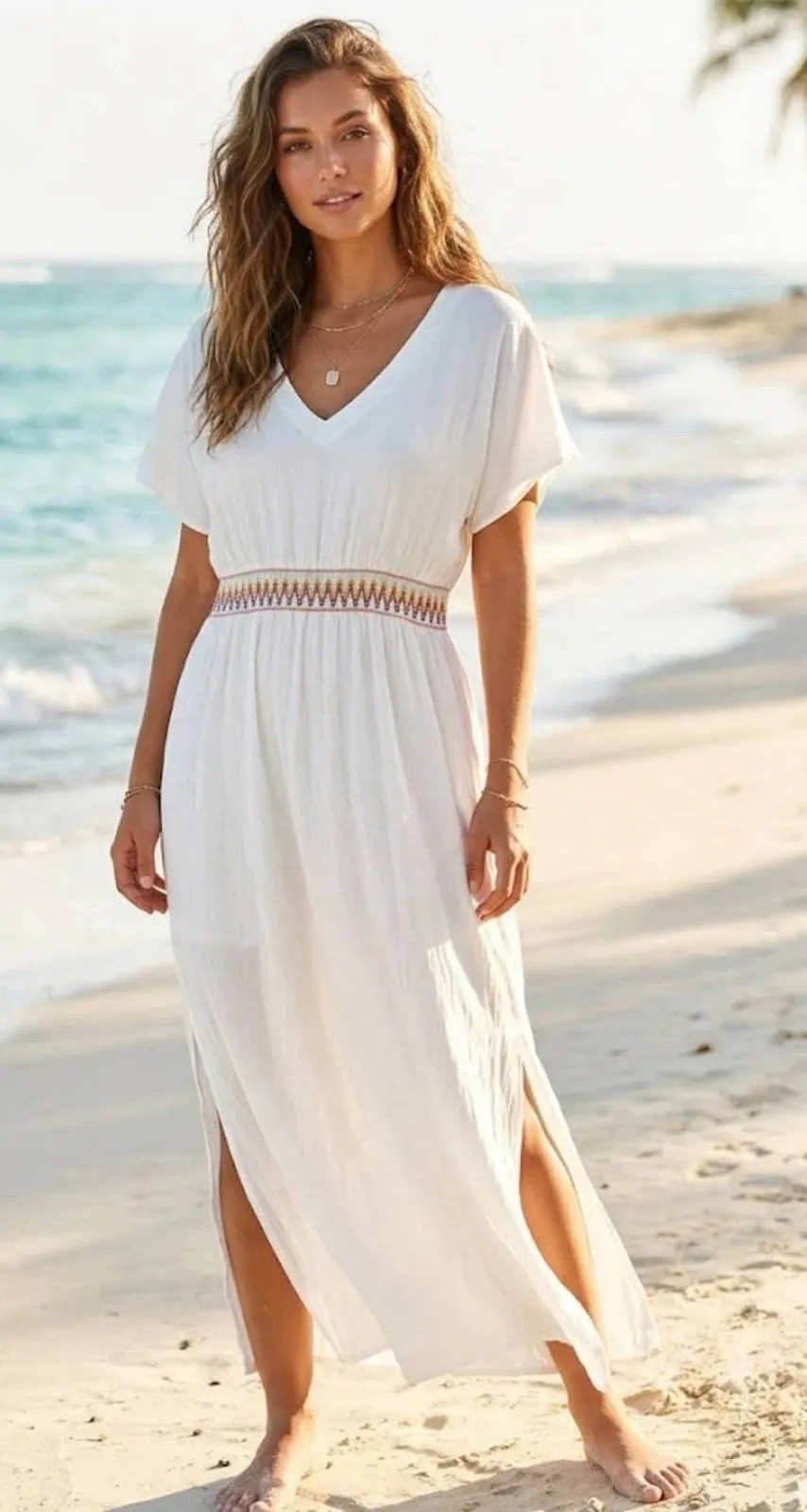 BMJL White Maxi Dress Cover Up XL NWT Boho Embroidered V Neck Summer Beach Slit