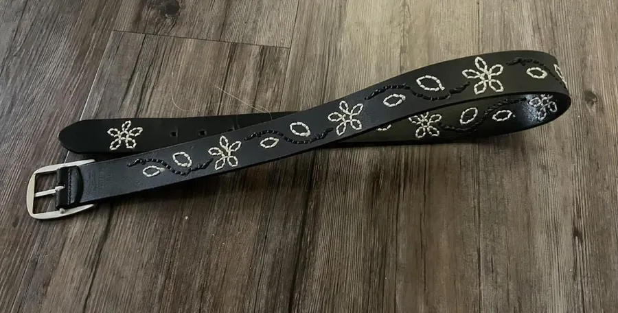 Y2K Women's Black Leather Belt with Embroidered Flowers Boho