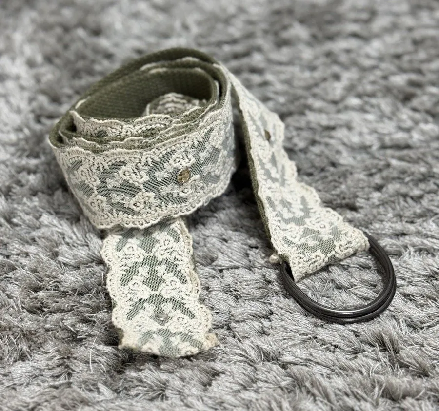 Belt Vintage Y2K Olive Green Lace Overlay D Ring Size M/L Boho Cottagecore