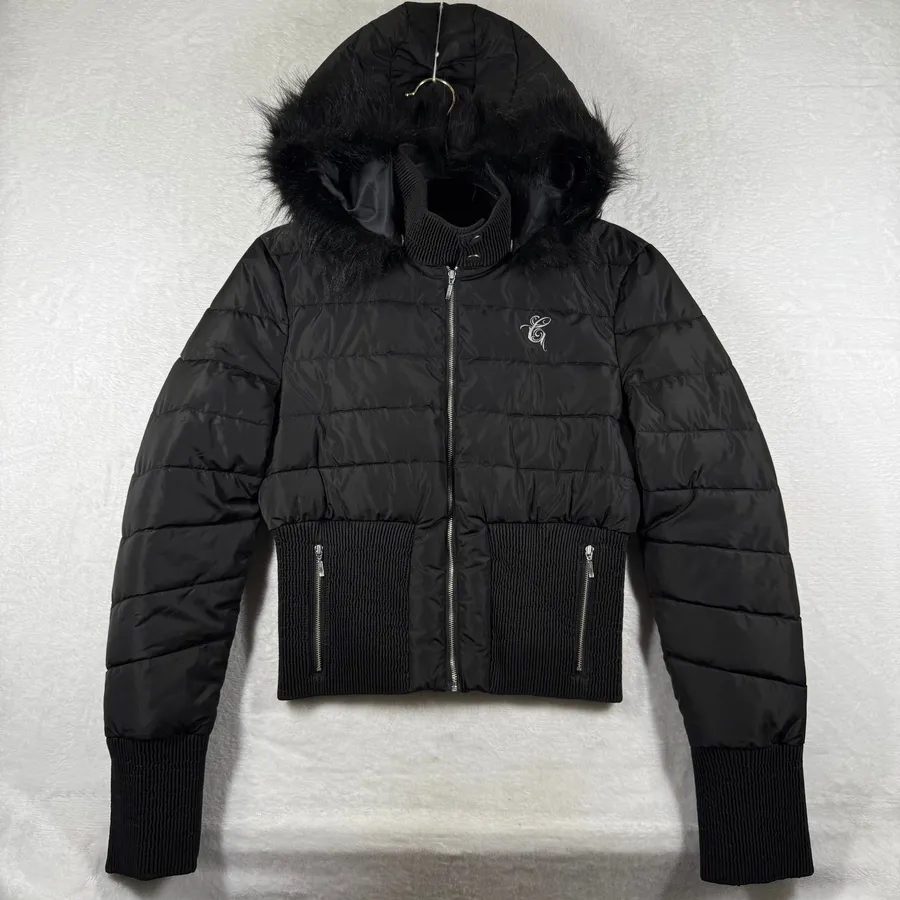 I.AM.GIA Black Hooded Faux Fur Trim Puffer Bomber Jacket GIA13065 Womens Medium