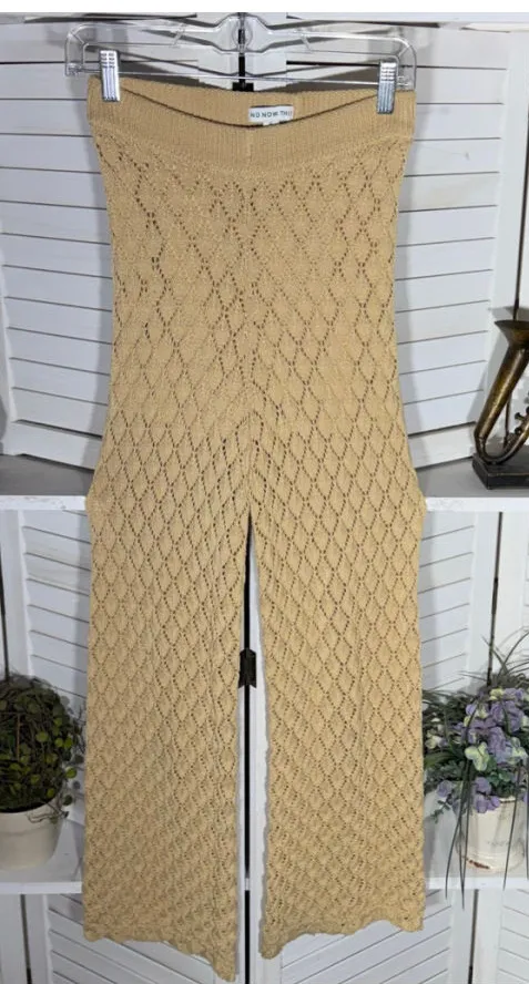 crocheted pants wide legs boho beach 70s high waist coastal cowgirl fairy sz XS Tan