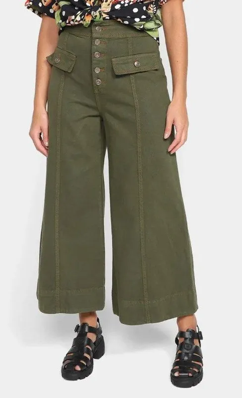 Farm Rio Wide Leg Pockets Twill Trousers Women's Size 38 Green Small