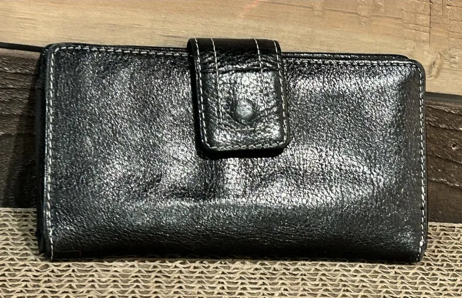 Fossil Trifold Wallet Womens Black Leather Checkbook Pen Holder Change Cards