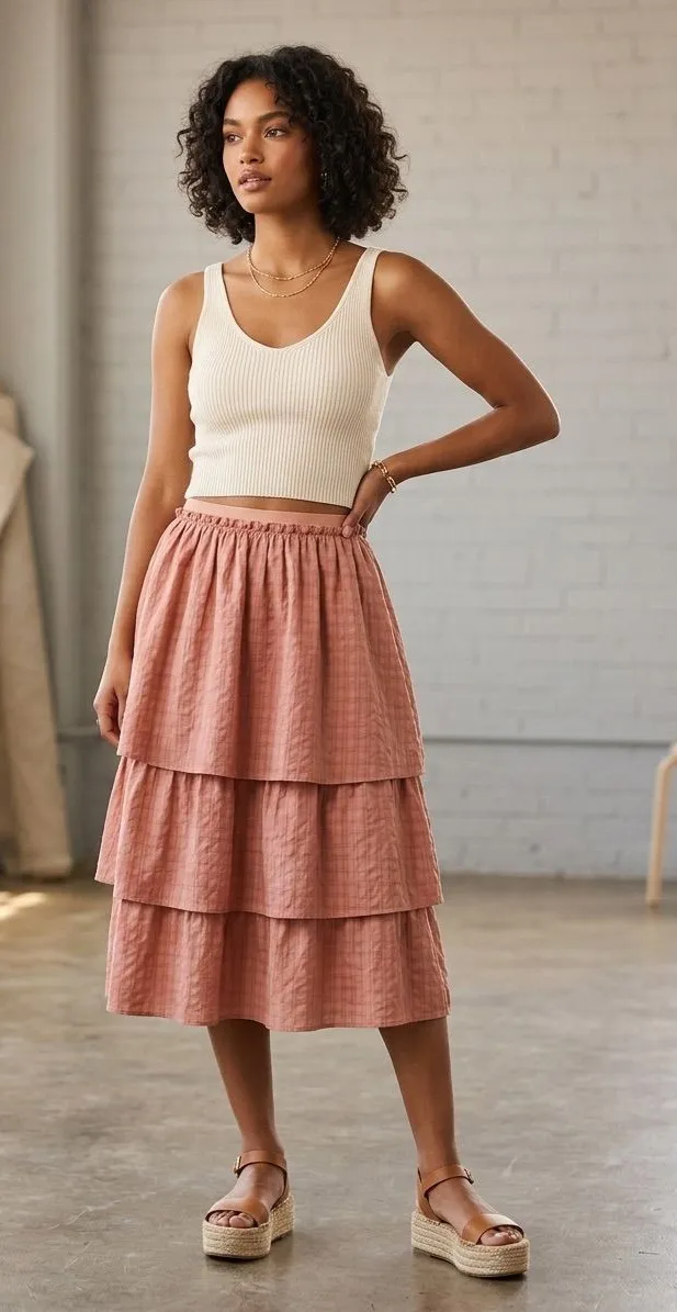 NWT lilou Oval Tweed Elastic Tiered Ruffle Pink Barbie Coquette MIDI Skirt 16