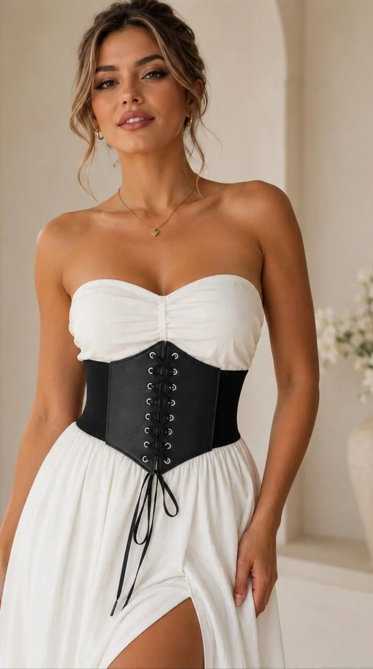 Vintage Style Lace Up Faux Leather Elastic Girdle Black Casual Wide Waist Belt