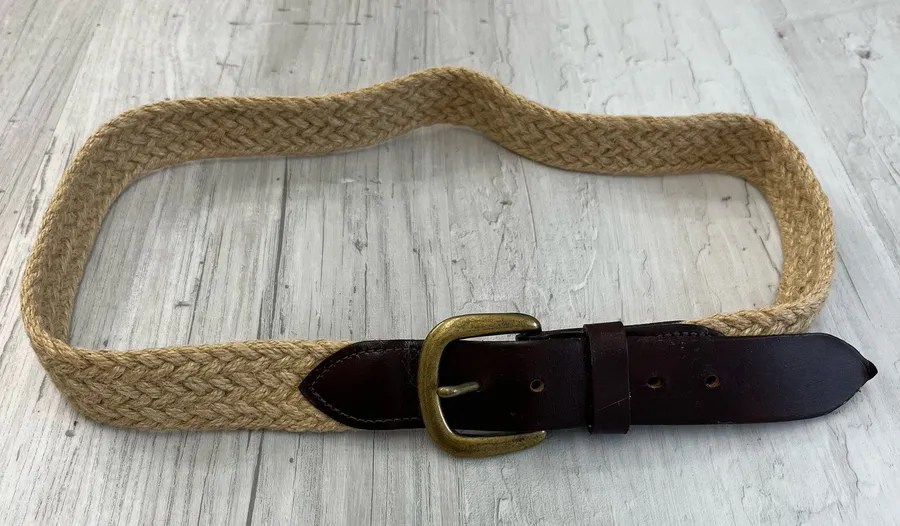 Brown Braided Rope Leather Gold Buckle Belt 37"