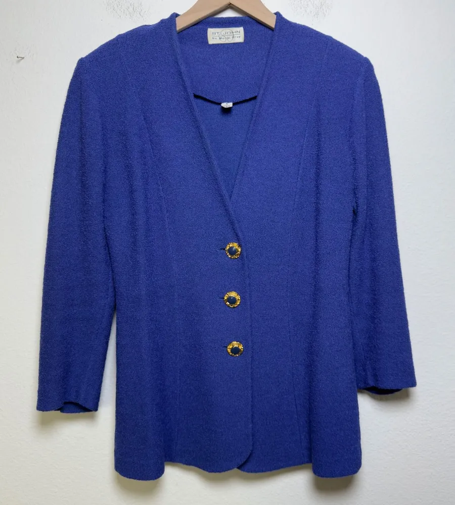 St. John Women Blazer 6 Blue Knit Gold Button V-Neck Long Sleeve Jacket Gold