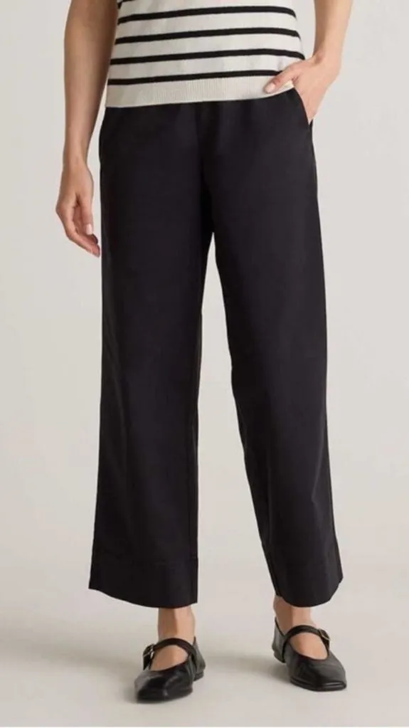 NWT Quince Women Organic Cotton Straight Wide Leg Pants Black 6 elastic waist