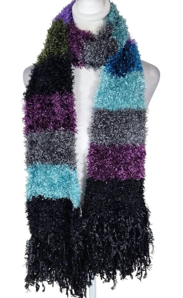 Cejon Colorful Stripe Knit Scarf with Fringe One Size Blue