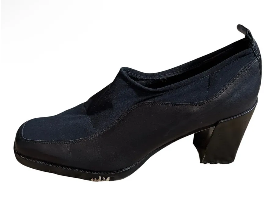Donald J Pliner Black Stretch Nylon and Leather Square Toe Block Heel Pumps Size 7