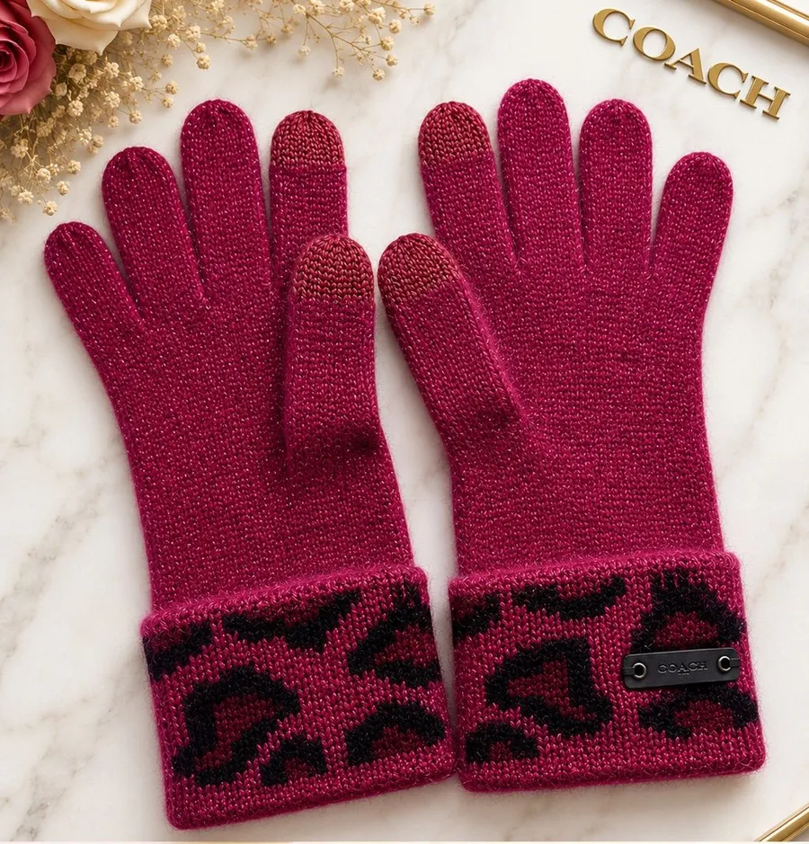 COACH Ocelot Angora Blend Tech Touch Gloves Raspberry Shimmer EUC