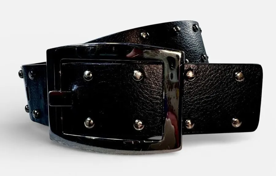 Calvin Klein Jeans Black Studded Synthetic Leather Belt Medium Titanium Buckle