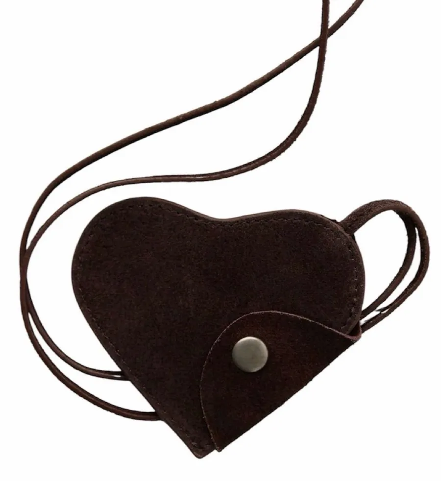 Free People Espresso Brown Suede Heart Lanyard Bag Charm Coin Purse NWT