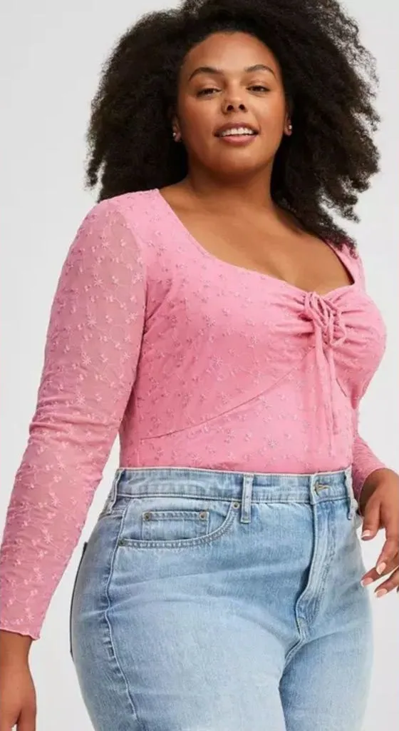 Torrid Size 4(4X)(26) Pink Long Sleeve Top Embroidered Stretch Mesh Tie Front