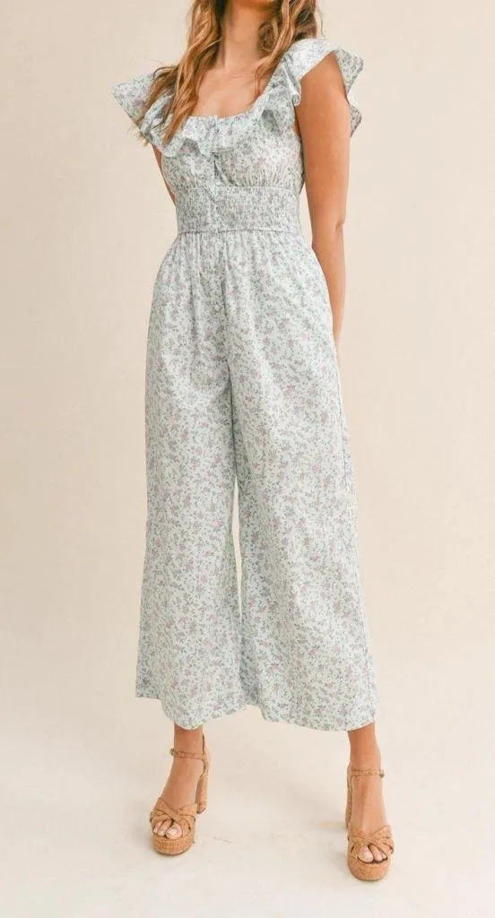 Mable Murphy Jumpsuit Floral Ruffle Sleeveless Smocked Wide Leg Cottage Prairie Purple Size L