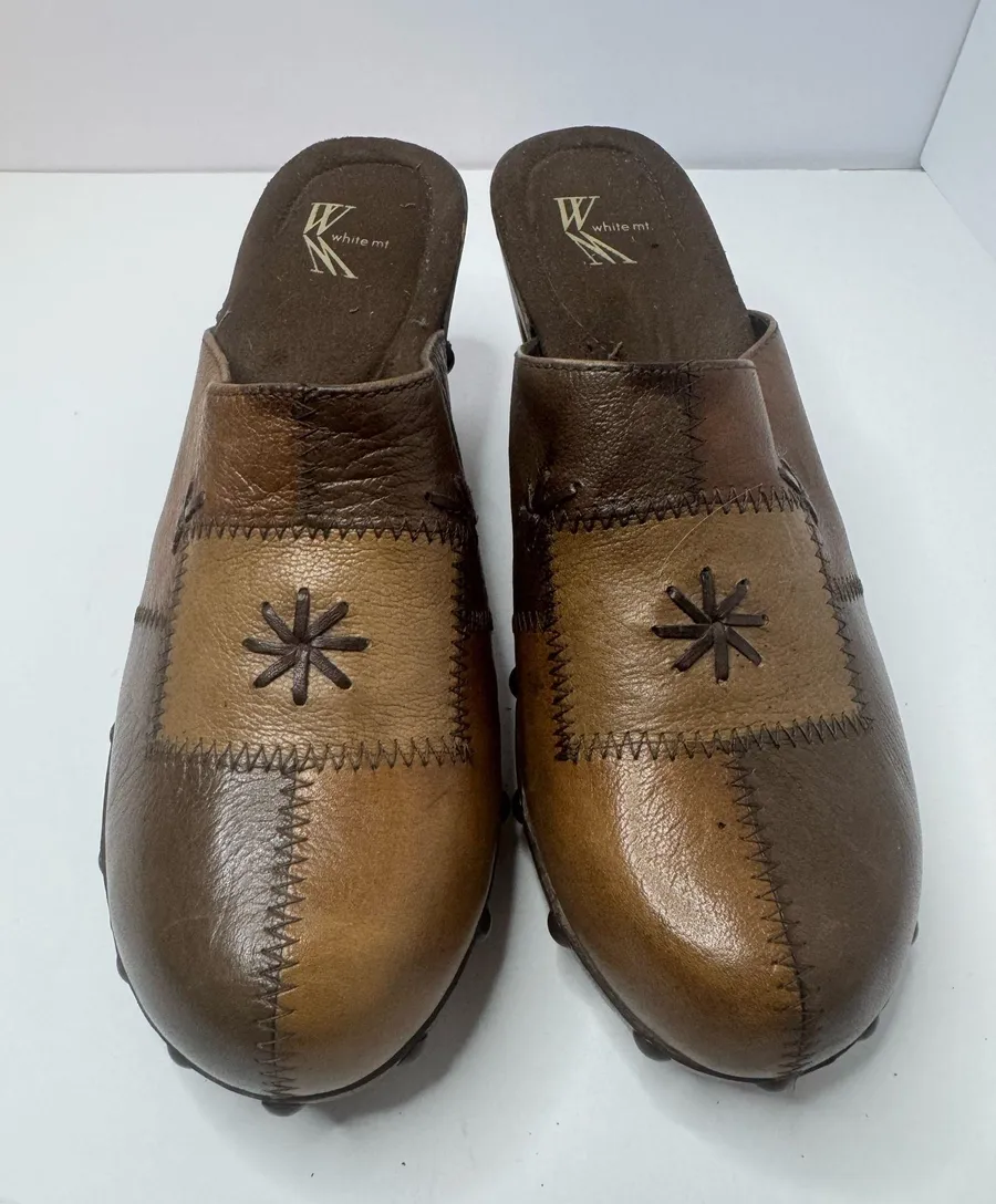 White Mountain Brown Leather Mules Size 7M