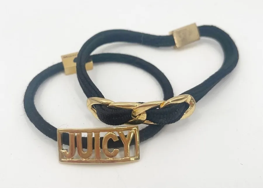 JUICY COUTURE Hair Ties Set of 2 Y2K 2000s Gold Black Logo Elastic Bands *FLAWS