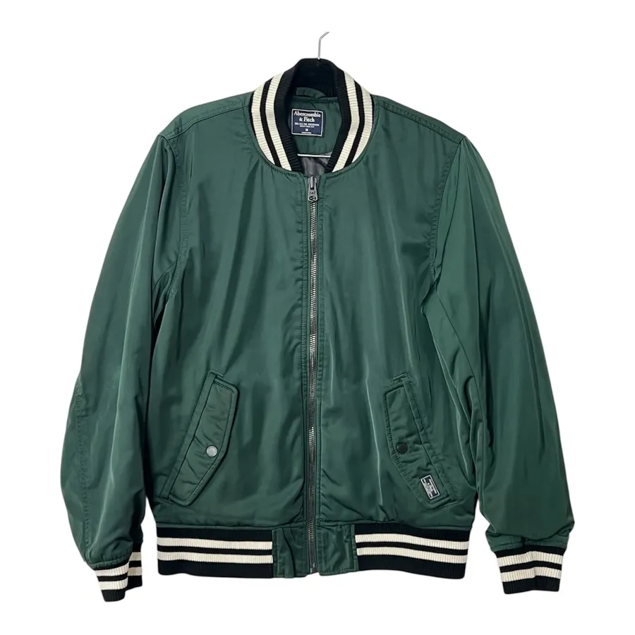 Abercrombie & Fitch Mens M Green Varsity Bomber Jacket Ribbed Collar Zip Up