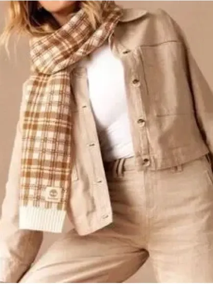 Timberland Soft Cream & Brown Plaid Knit Scarf NWOT