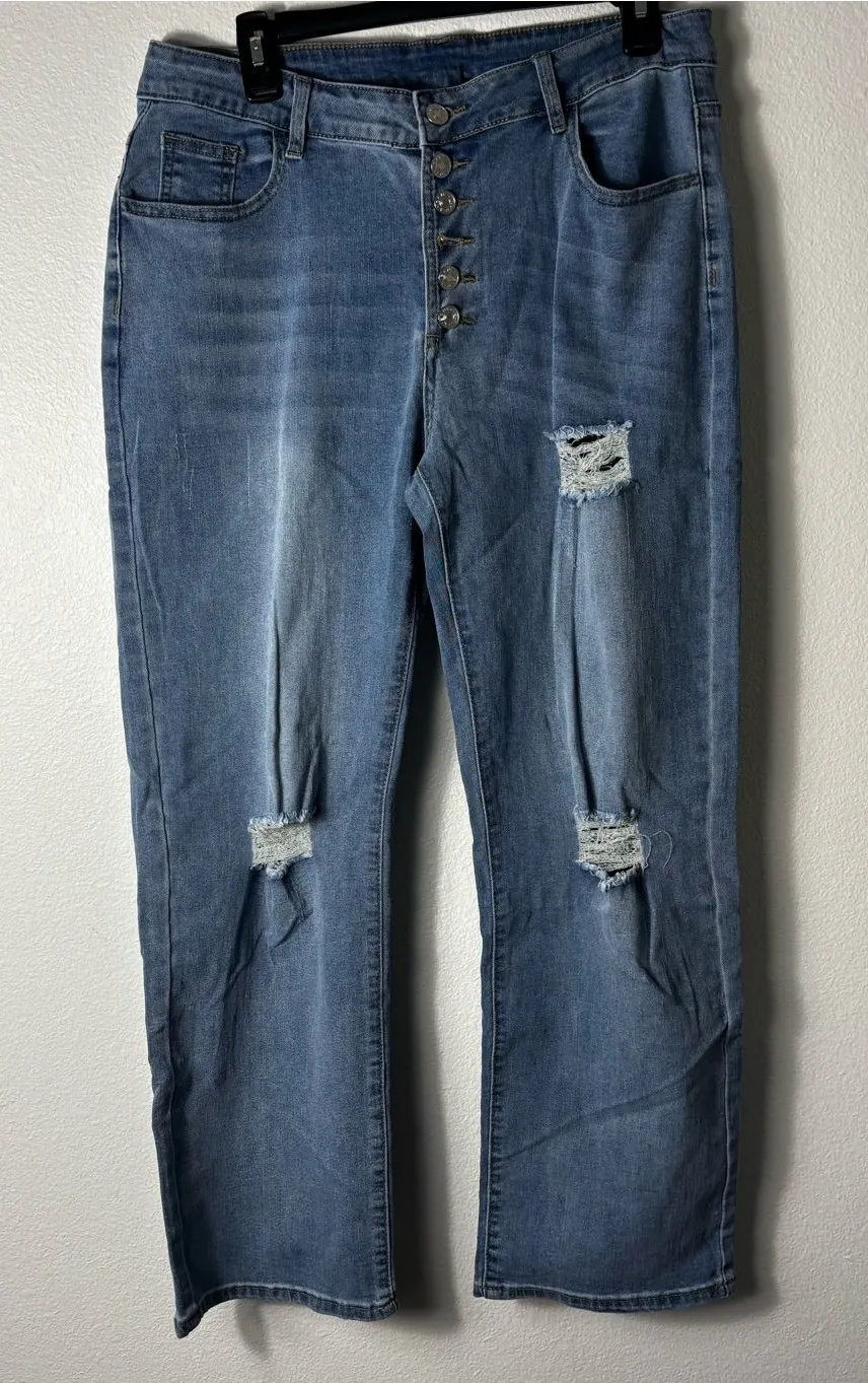 Cyscratia Women’s Distressed Straight Leg Jeans Size 2XL NWT Blue