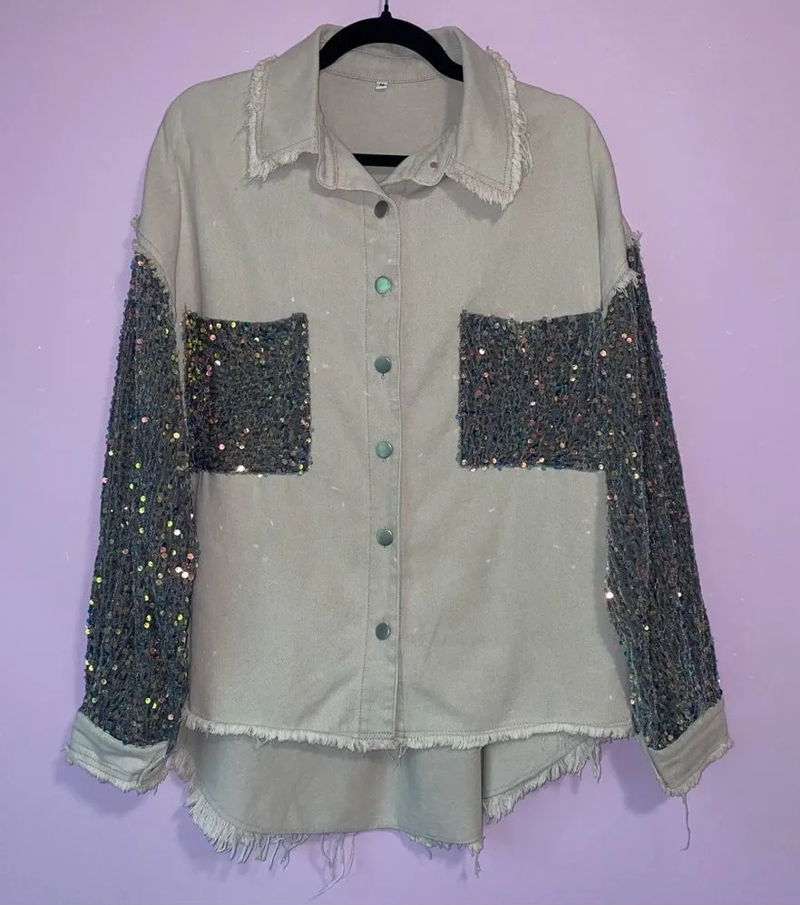 Light Grey Jean Jacket M Oversized Blue Velvet Sequins Cotton Blend Gray Size M