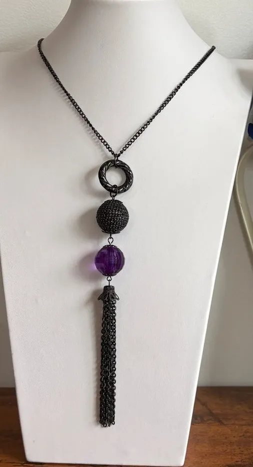 Elegant Gunmetal Triple Pendant Purple With A Chain Tassel Necklace 28” Black