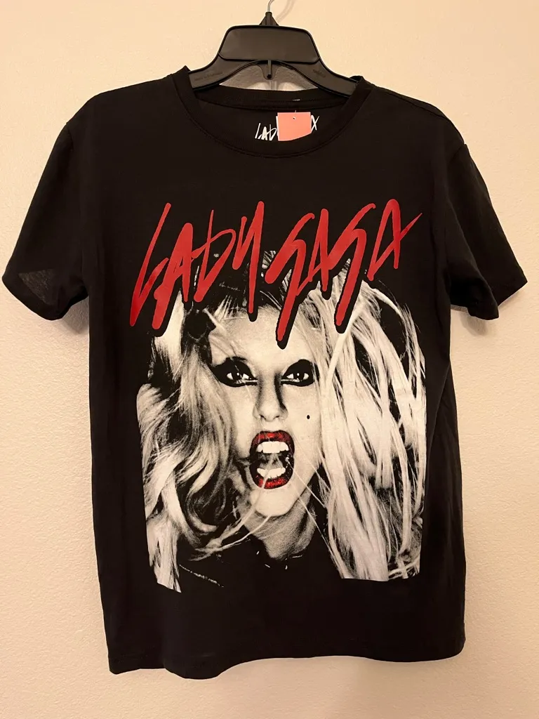 Lady Gaga Black Graphic Tee with Red Script