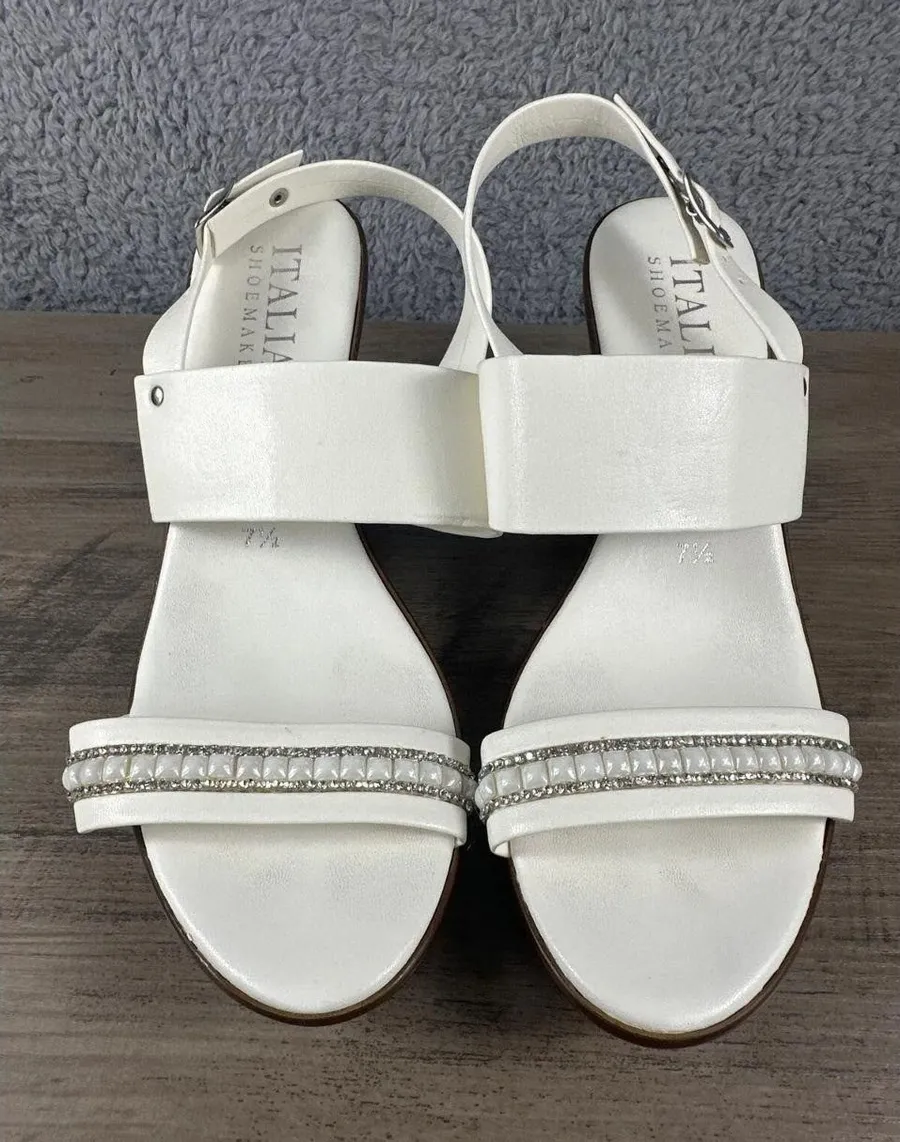 Italian Shoemakers Wedge Sandals Womens 7.5 White Pearl Rhinestone Slingback