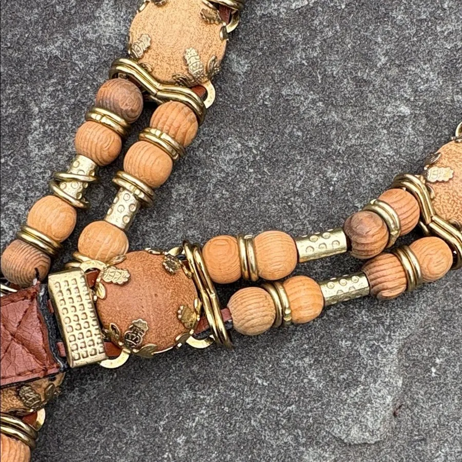 Vintage Beaded Brown Leather Women's Belt with Gold