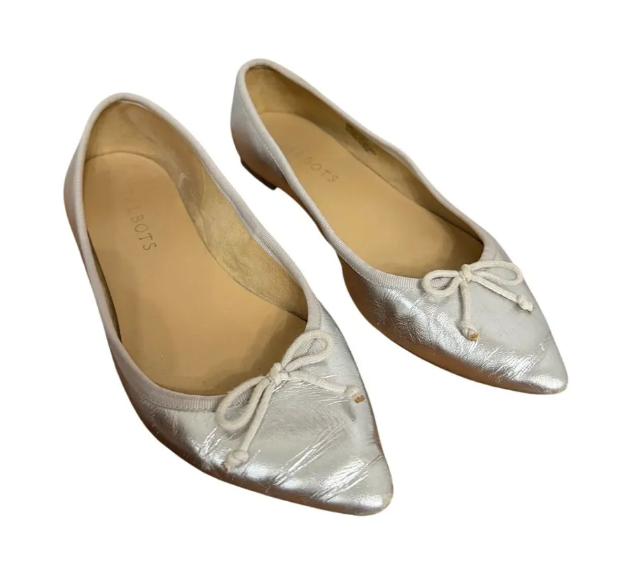 Talbots Womens Silver Metallic Leather Pointed Toe Bow Ballet Flats Size 6.5 M