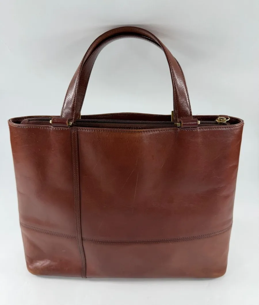 Etienne Aigner Brown Genuine Leather Tote Shoulder Bag Gold Hardware Pocket