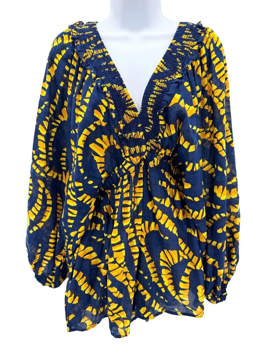 Bucketlist Womens Navy Yellow Abstract Cotton Smocked V