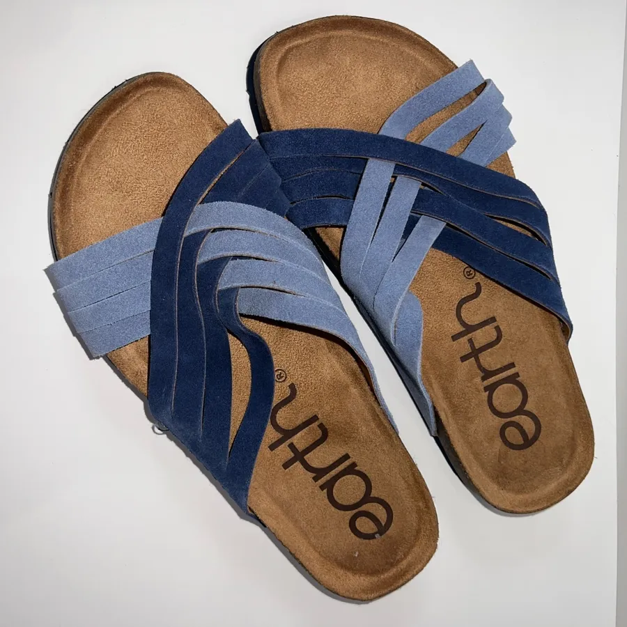 Earth Atlas Slide Sandals Women's 7.5M Blue Leather Comfort Footbed Arch Support Size 7.5