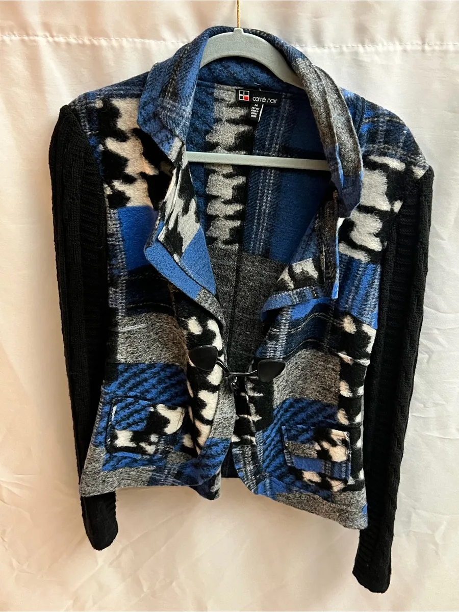 Carré Noir Women’s M Blue Black Patchwork Plaid Knit Jacket Cardigan Size M