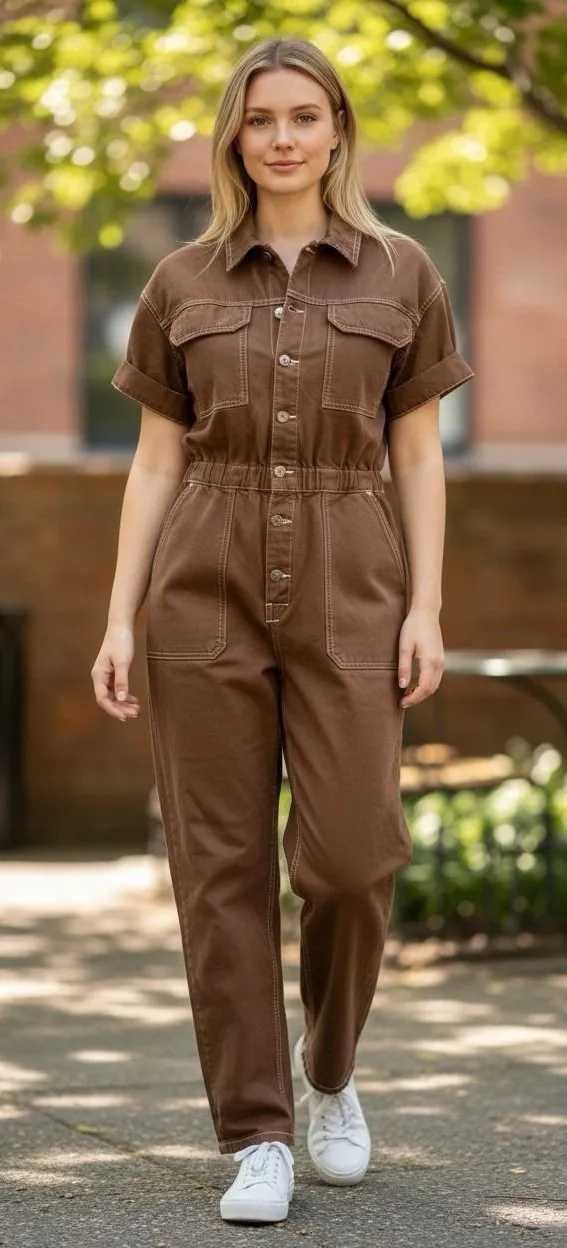 Free People We The Free Marci Coverall Jumpsuit Brown Denim Utility Women's Med