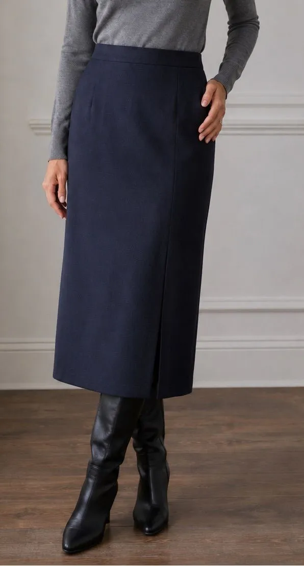 Sag & Harbor Wool Midi Skirt Lined Navy Size 10 Front Slit Office Minimalist