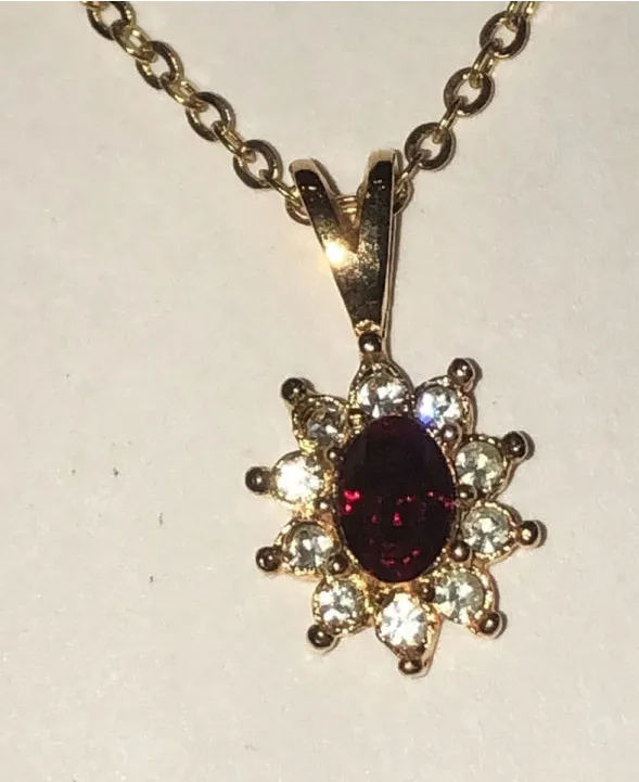 Gold Tone Vintage Red Rhinestone Dainty Pendant Necklace