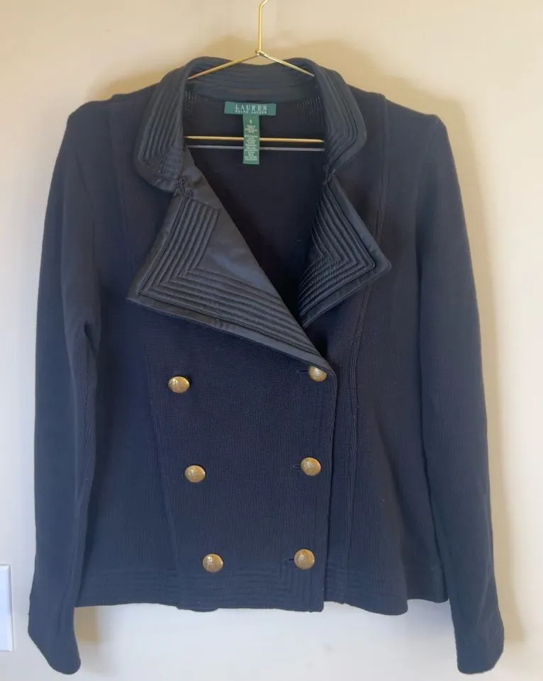 Lauren Ralph Lauren Black Military Knit Jacket Gold Crest Buttons Small
