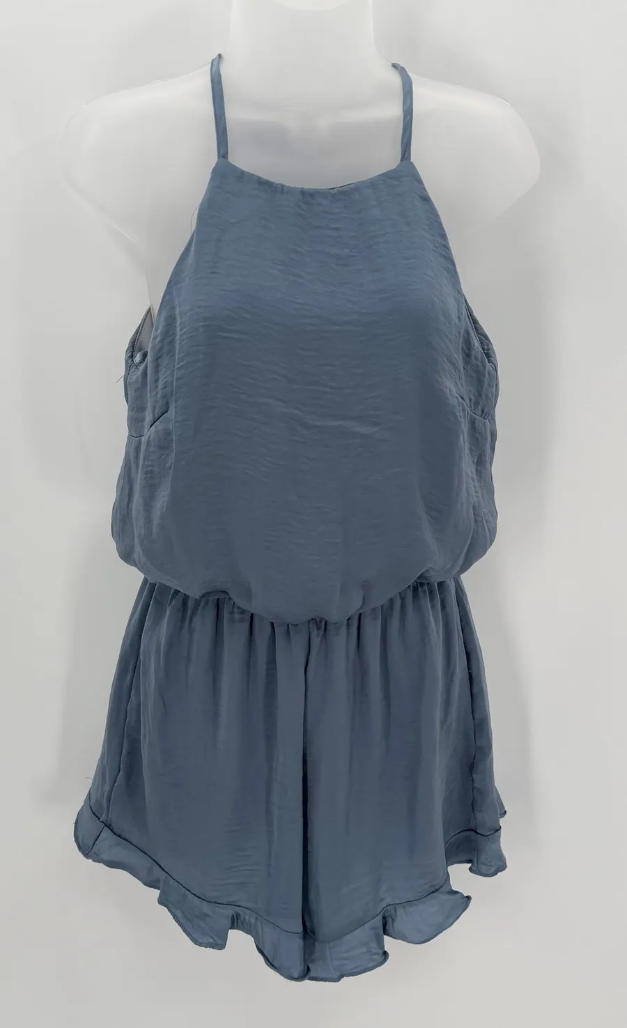 She + Sky Romper Size S Slate Blue Ruffle Short High Neck Sleeveless Flowy