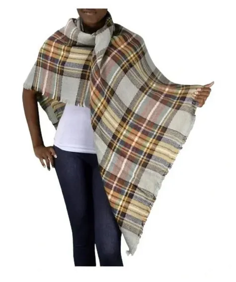 Plaid Blanket Scarf Womens OS Multicolor Oversized Cozy Fall Wrap Shawl Tartan Orange