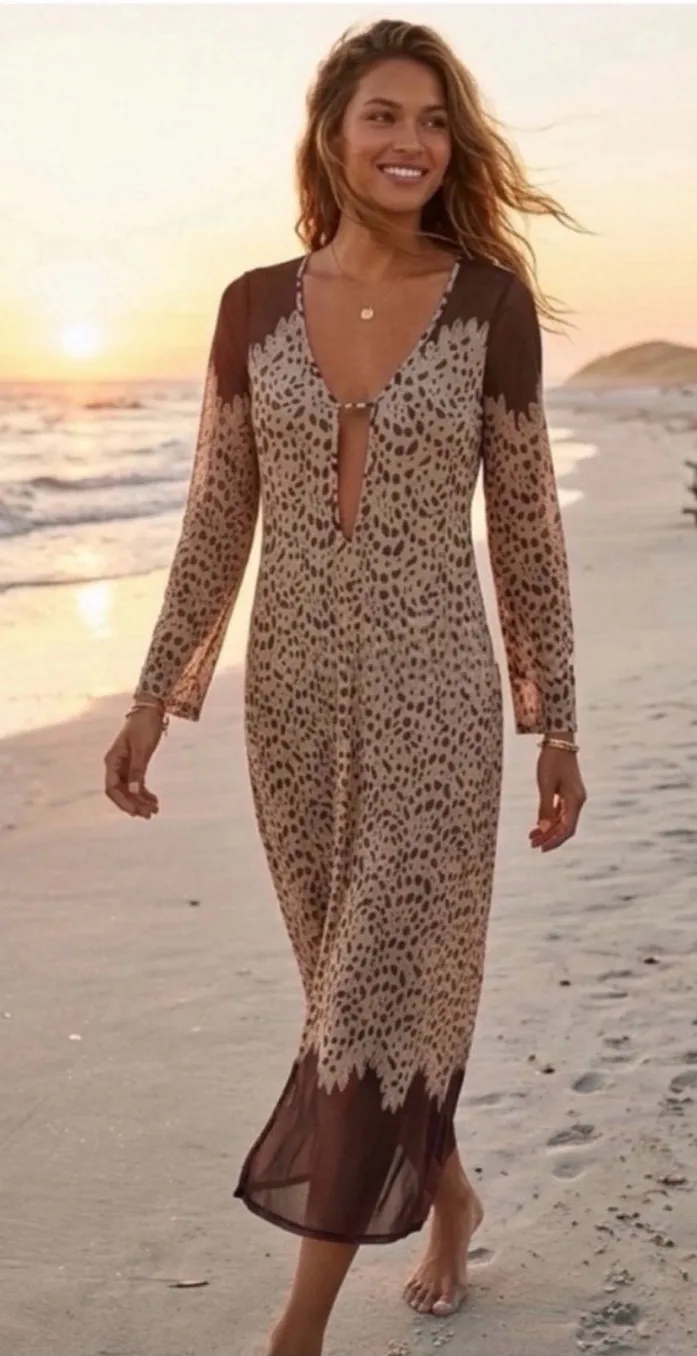 CAROLINE CONSTAS Lidi Poeme Kaftan Cover Up Dress Size L NEW Brown Size L