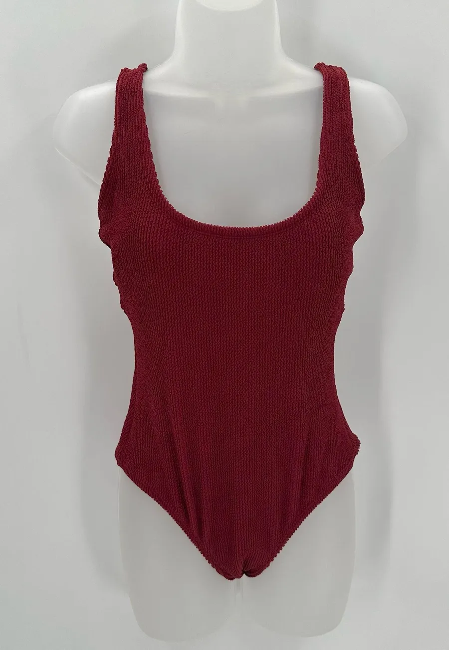 Kona Sol Swimsuit Women’s M 1 Pc Textured Tie Back Dark Red Burgundy NWOT