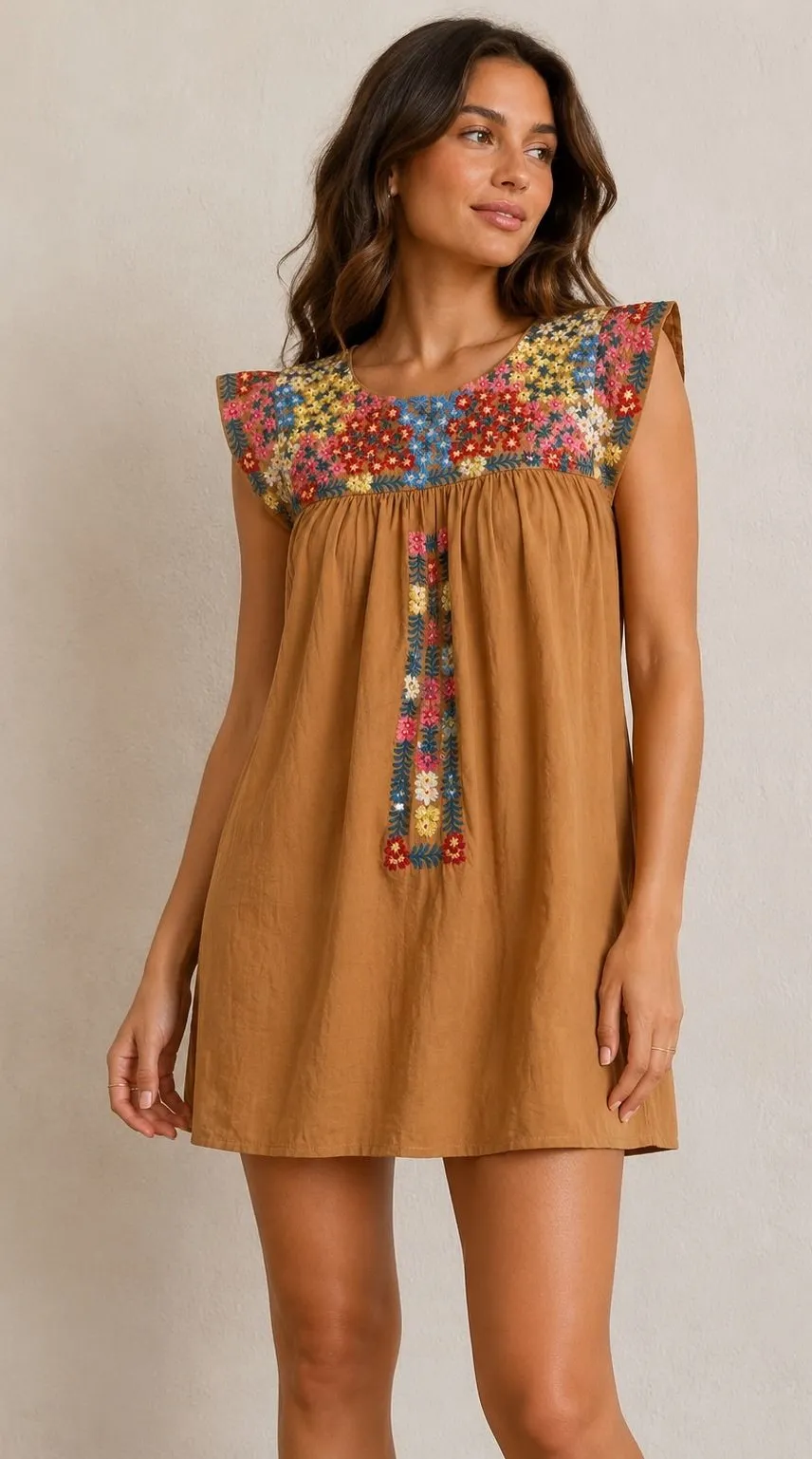 Savanna Jane Womens Medium Brown Floral Embroidered Babydoll Mini Dress Boho